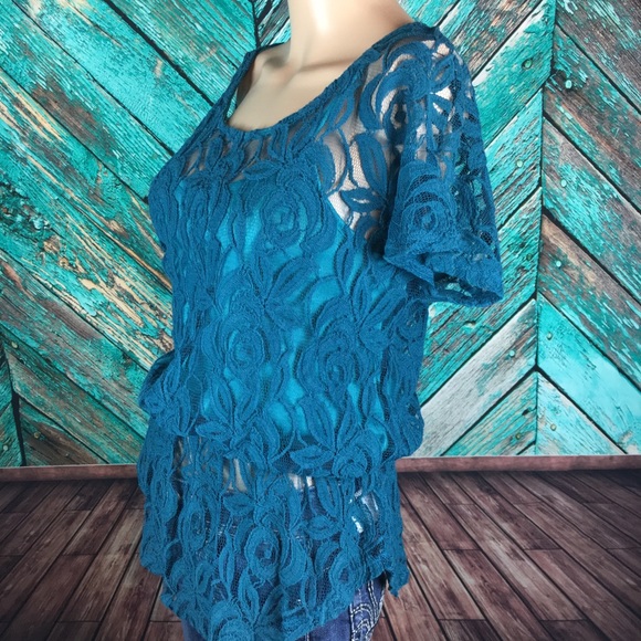 Anthropologie Pins & Needles Turquoise Lace Top - Picture 5 of 7